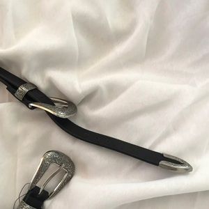 Leather Double Pin Belt w/ Silver Buckles